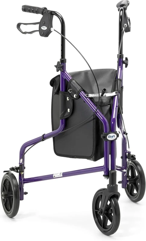 Days Lightweight Tri Wheel Walker Rollator – Aluminium Mobility Walker with Adjustable Height and Brakes – Foldable Walking Frame with Carry Bag – Mobility Aid for Elderly – Purple
