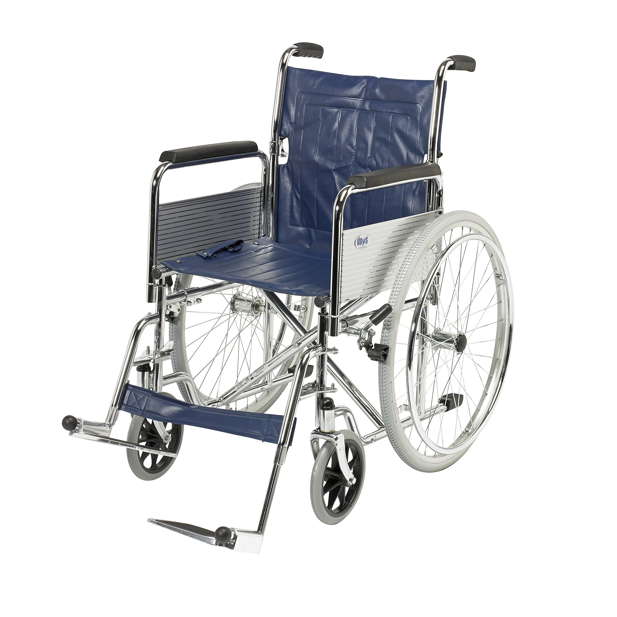 DAYS Transit Wheelchair, Standard 46cm, Chrome Plated Steel Frame, DETAChable Armrests & DETAChable Swing Away Footrests, Self-propelled, Folding Back for Transport