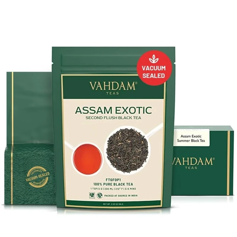 VAHDAM, Assam Black Tea Leaves with Golden Tips (100g, 50+ Cups) Strong, Malty & Rich - Exotic Assam Tea Loose Leaf | Pure Unblended Single Origin Black Tea | Vacuum Sealed