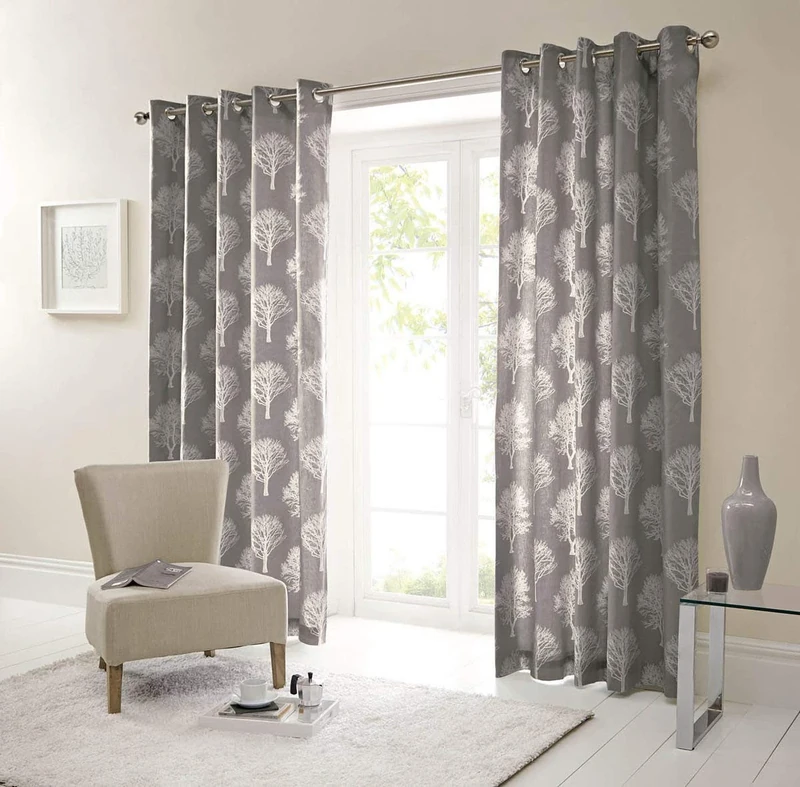 Fusion - Woodland Trees - 100% Cotton Pair of Eyelet Curtains - 90" Width x 72" Drop (229 x 183cm) in Charcoal