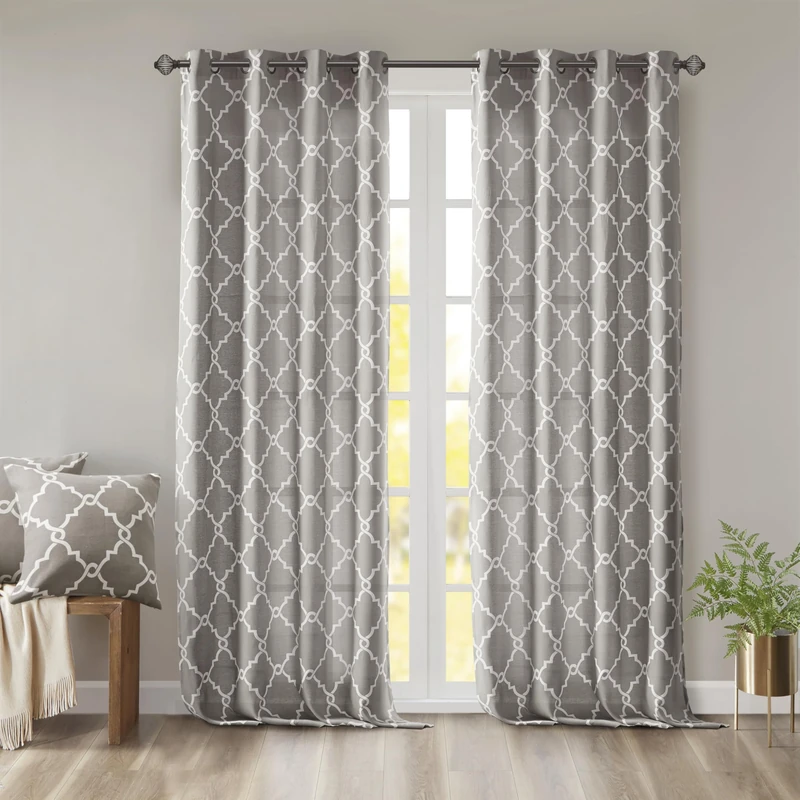 Madison Park Single Window Curtain Light Filtering Fretwork Print 1 Panel Grommet Top Drape/Valance for Living Room Bedroom and Dorm, Polyester Blend, Grey/White, 50" W x 95" L (Pack of 1)