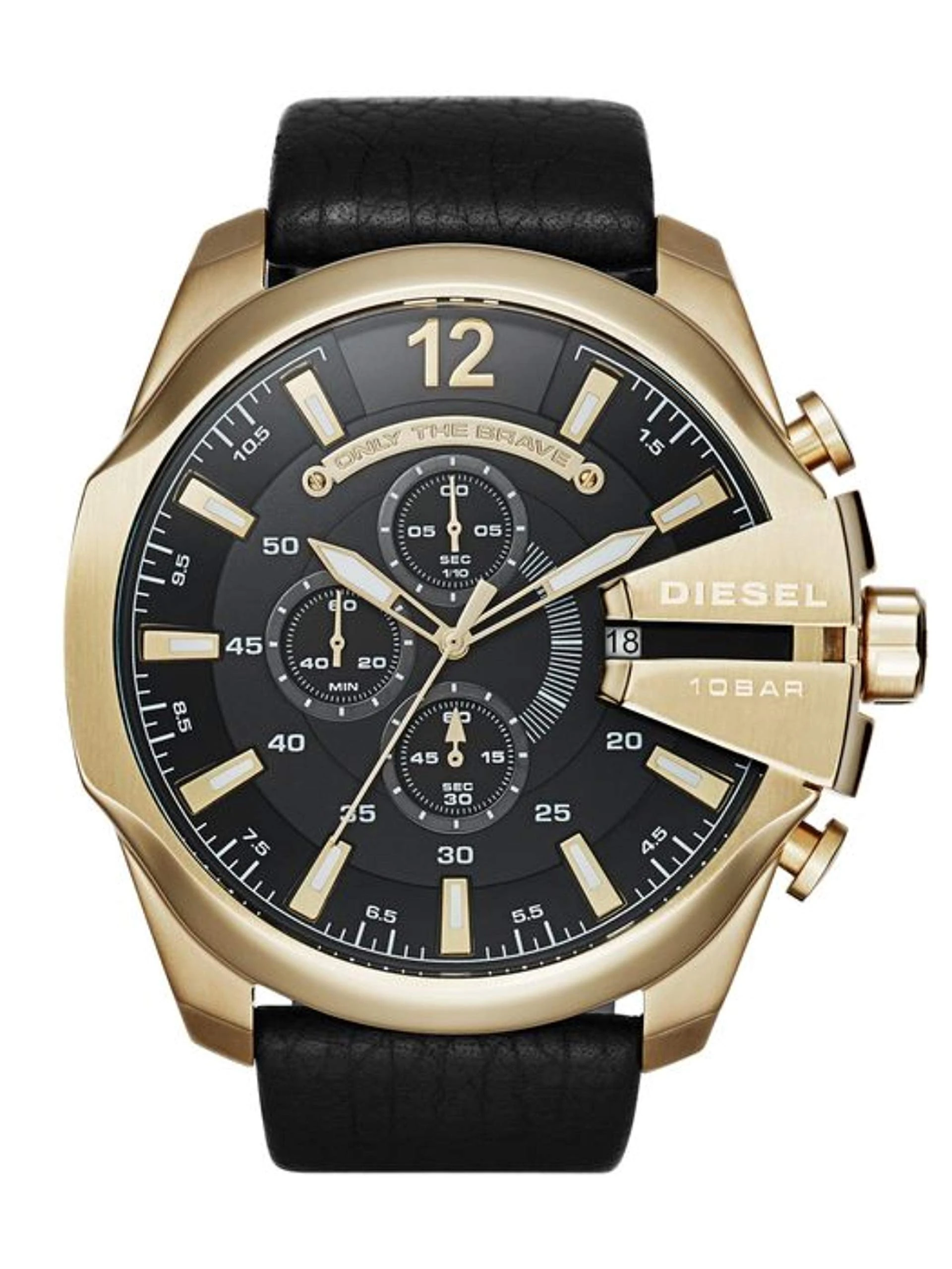 Diesel Watch for Men Mega Chief, Chronograph Movement, 51 mm Gold Stainless Steel Case with a Leather Strap, DZ4344