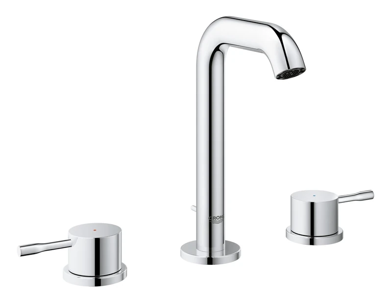 GROHE Essence – 3 Hole Basin Mixer Tap with Pop-Up Waste Set (Deck-Mounted, M-Size 193mm, Dual Handle Metal Lever, Ceramic Disc 90°, Water Saving Aerator 5.7 l/min), Chrome, 20296001