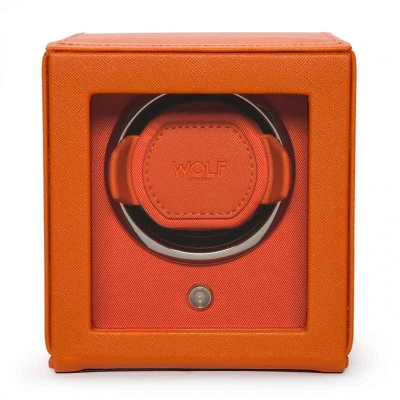 Wolf Cub 461139 - Automatic Watch Winder for 1 Watch with Glass Cover - Orange Saffiano Finish, Chrome Finished Hardware and Orange Grosgrain Faceplate - Patented Rotation Technology - Image 1
