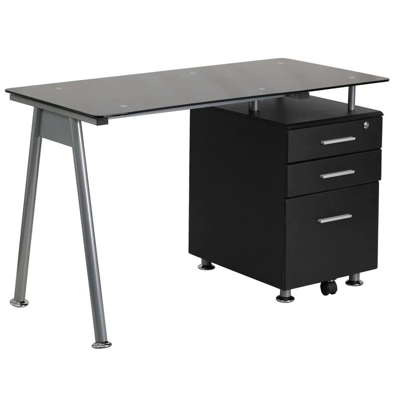 Flash Furniture Computer Desk with Three Drawer Pedestal, Metal, Black Glass Top/Silver Frame, 128.27000000000001 x 67.31 x 13.97 cm
