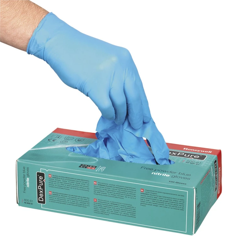 Honeywell DexPure 800-91 Lightly Powdered Disposable Chemical Protective Nitrile Gloves, Ambidextrous, Certified for Food Contact, 24 cm Length, Blue Colour, Size XL, 4580091-XL (Pack of 100 Gloves)