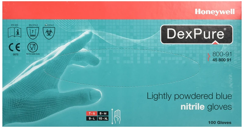 Honeywell DexPure 800-91 Lightly Powdered Disposable Chemical Protective Nitrile Gloves, Ambidextrous, Certified for Food Contact, 24 cm Length, Blue Colour, Size S, 4580091-S (Pack of 100 Gloves)