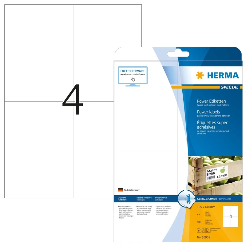 HERMA Extra Strong Adhesive Labels, 4 Labels per A4 Sheet, 800 Sheets, 105 x 148 mm, 3200 Labels, Blank Heavy Duty Labels Stickers, Sticky Labels for Laser & Inkjet Printer, White