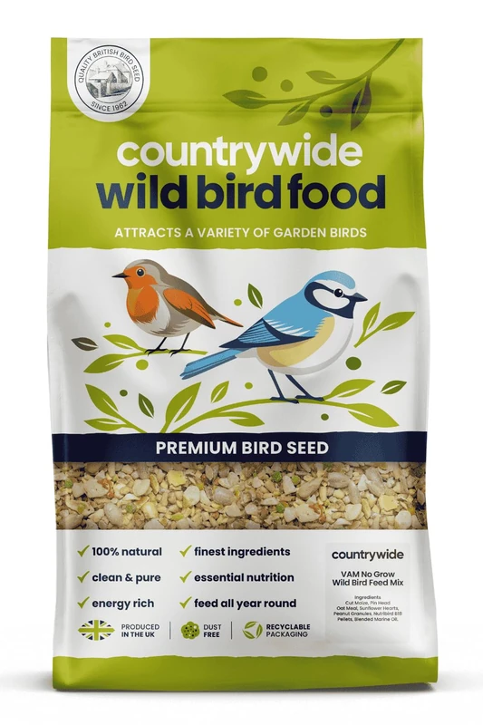Countrywide No Grow Wild Bird Seed 15kg - No Weeds - Added Vitamins and Minerals - Bird Food for Small Garden Birds - Premium Mix - High Energy Sunflower Hearts and Peanut Granules