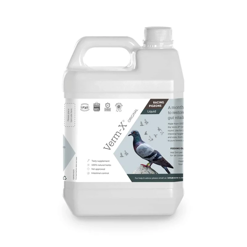 Verm-X Original All Natural Liquid for Racing Pigeons. Approved for Use on Organic Farms. Supports Intestinal Hygiene. Vet Approved. Maintains Gut Vitality. Wormwood Free Recipe.