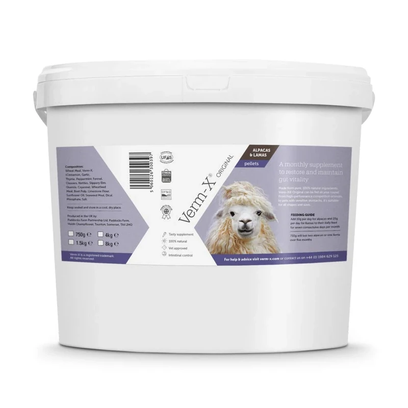 Verm-X Original All Natural Pellets for Alpacas and Llamas. Approved for Use on Organic Farms. Supports Intestinal Hygiene. Vet Approved. Maintains Gut Vitality. Wormwood Free Recipe.