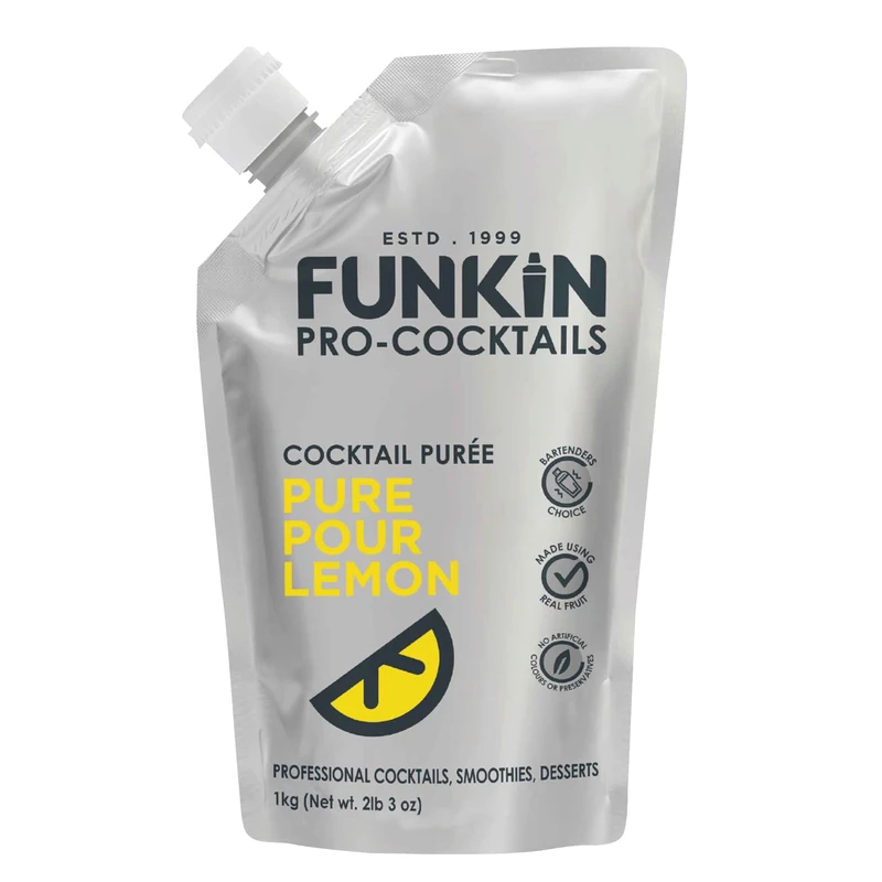 FUNKIN Pure Pour Lemon Puree Cocktail Mixer | Made with Real Fruit | Fresh Fruit Puree for Professional Cocktails, Smoothies, & Desserts | 0% ABV | Resealable Pouch | 1kg, Pack of 5
