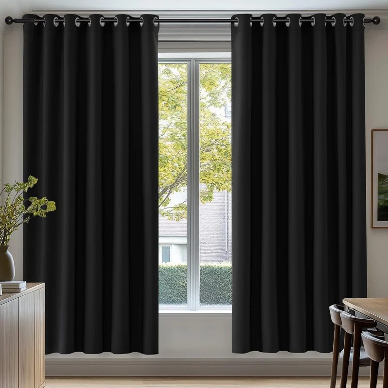 Deconovo Thermal Insulated Wide Black out Curtains Energy Saving Noise Reducing Eyelet Blackout Curtains for Living Room Bedroom, 90 x 72 Drop Inch, 1 Pair, Black