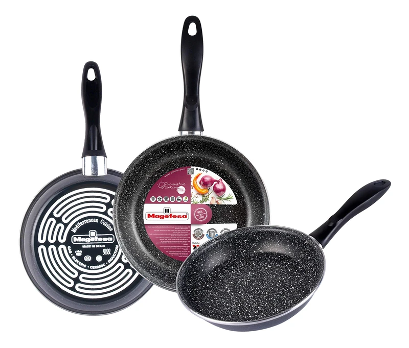 MAGEFESA K2 Gransasso Set of 3 frying pans (18/20/24) cm in vitrified steel, mottled grey exterior. Two-layer reinforced stone effect non-stick, suitable for all types of cookers