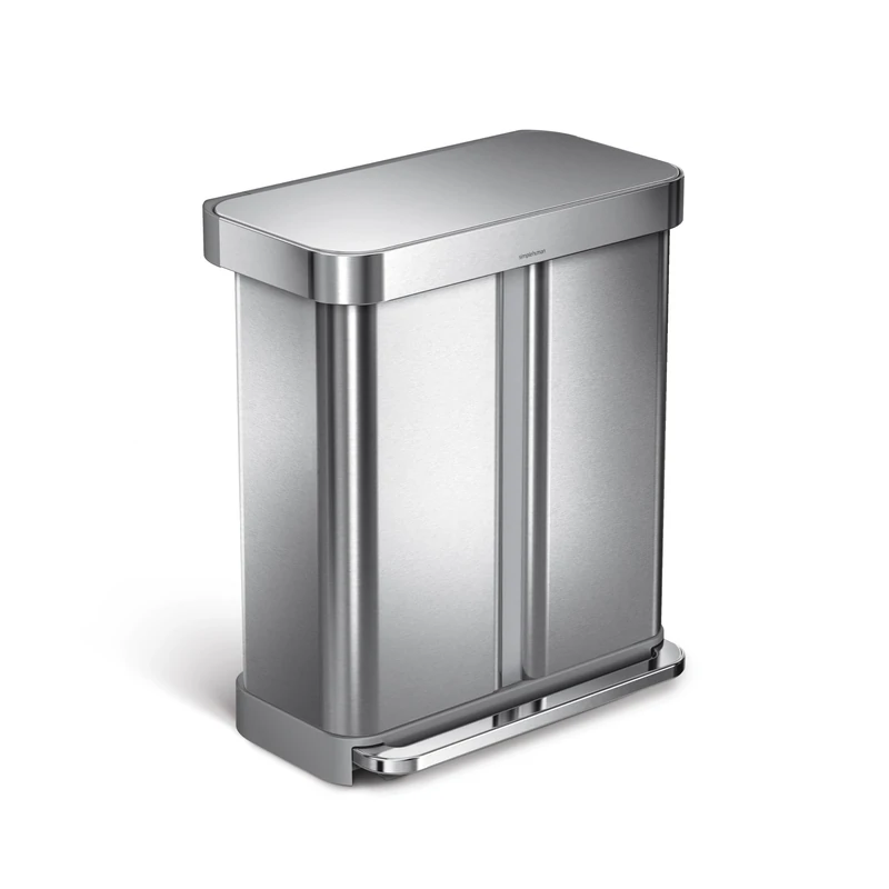simplehuman CW2025 58L (34/24) Rectangular Recycling Kitchen Pedal Bin with Liner Pocket, Silent Soft Close Lid, Strong Wide Pedal, Fingerprint-Proof, Brushed Stainless Steel