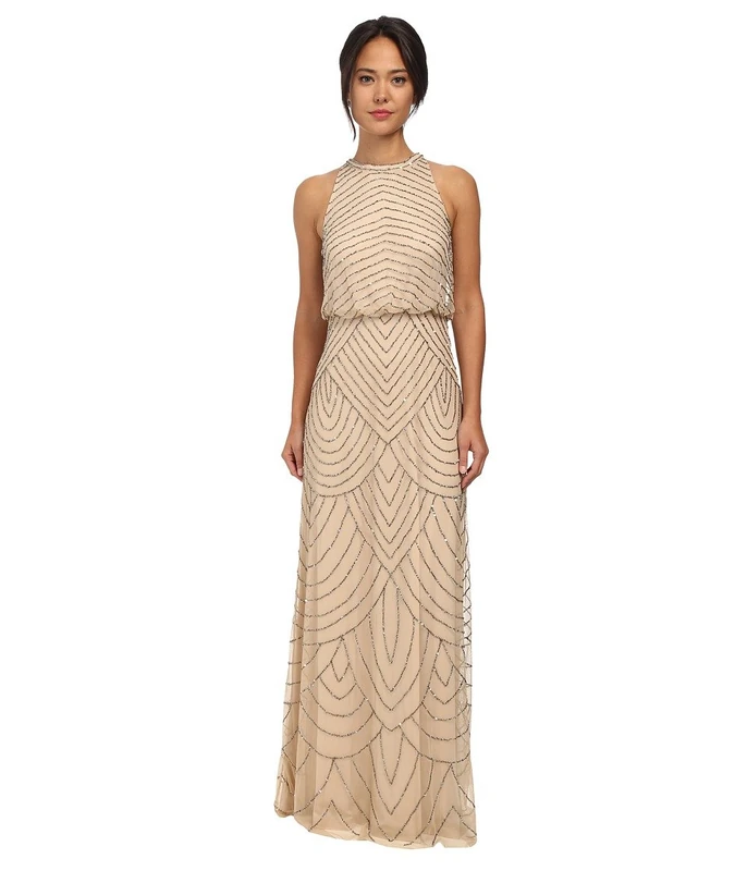 Adrianna Papell Women's Halter Art Deco Beaded Blouson Dress Special Occasion, Nude, 10