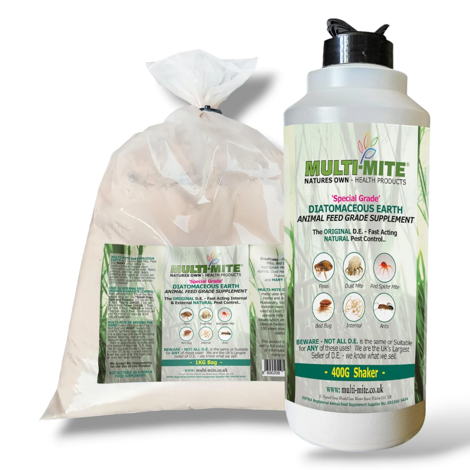 Multi-Mite® 400G SHAKER PLUS 1KG REFILL Feed Grade DE Diatomaceous Earth - Red Mite Fleas and All Animal Lice Control Powder