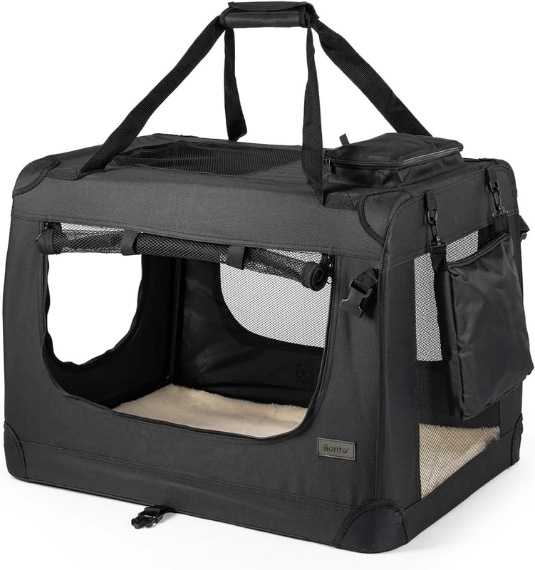 lionto Dog transport box foldable for travel & car, 101x69x70 cm, sturdy transport box with carrying handles & blanket for cats & dogs up to 25 kg, sturdy fabric dog box for small & large, black