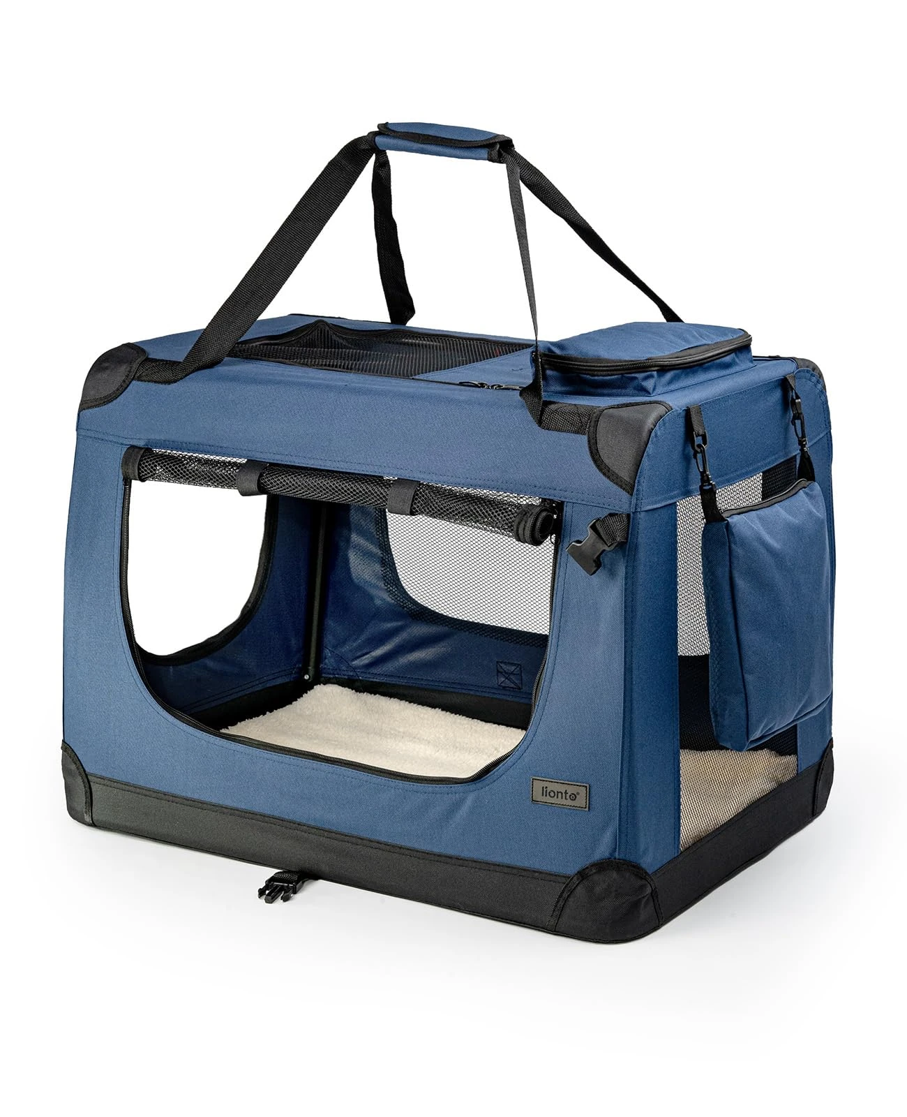 lionto Dog transport box foldable for travel & car, 50x34x36 cm, sturdy transport box with carrying handles & blanket for cats & dogs up to 10 kg, sturdy fabric dog box for small & large,blue
