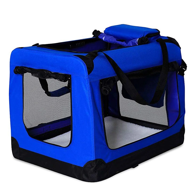 lionto Dog transport box foldable for travel & car, 90x61x65 cm, sturdy transport box with carrying handles & blanket for cats & dogs up to 22 kg, sturdy fabric dog box for small & large, blue