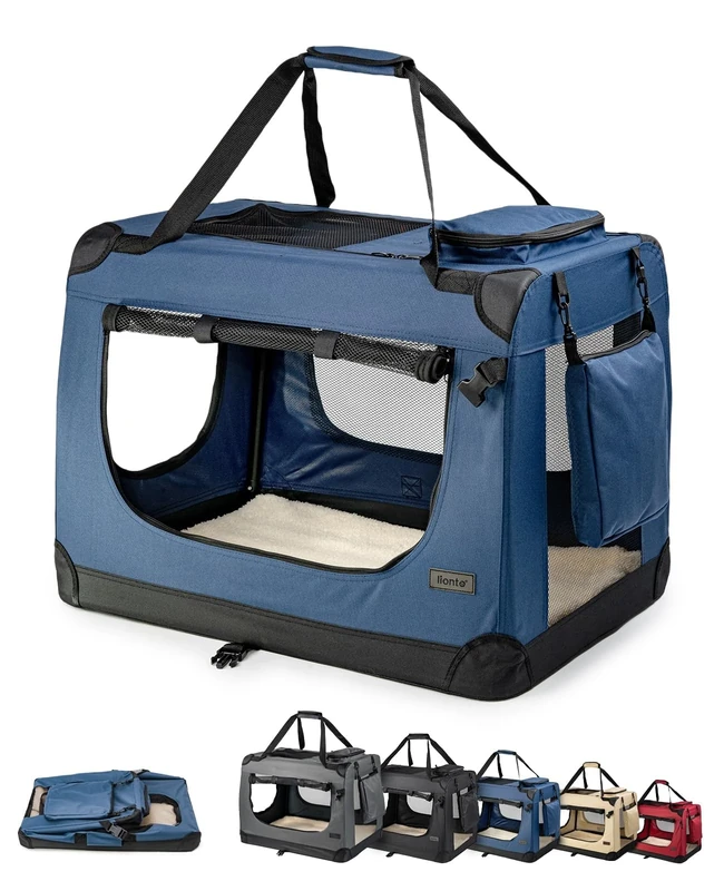 lionto Dog transport box foldable for travel & car, 82x58x58 cm, sturdy transport box with carrying handles & blanket for cats & dogs up to 18 kg, sturdy fabric dog box for small & large, blue