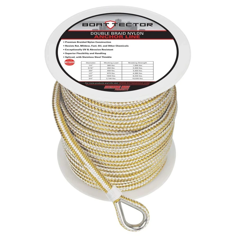Extreme Max 3006.2249 BoatTector Double Braid Nylon Anchor Line with Thimble - 3/8" x 200', White & Gold