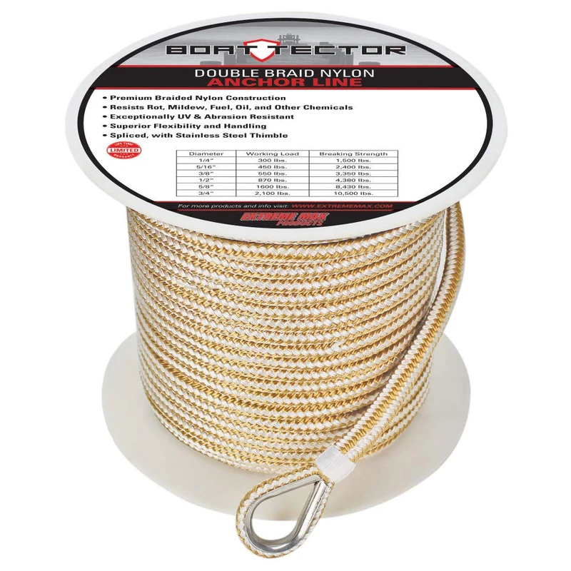 Extreme Max 3006.2252 BoatTector Double Braid Nylon Anchor Line with Thimble - 3/8" x 250', White & Gold