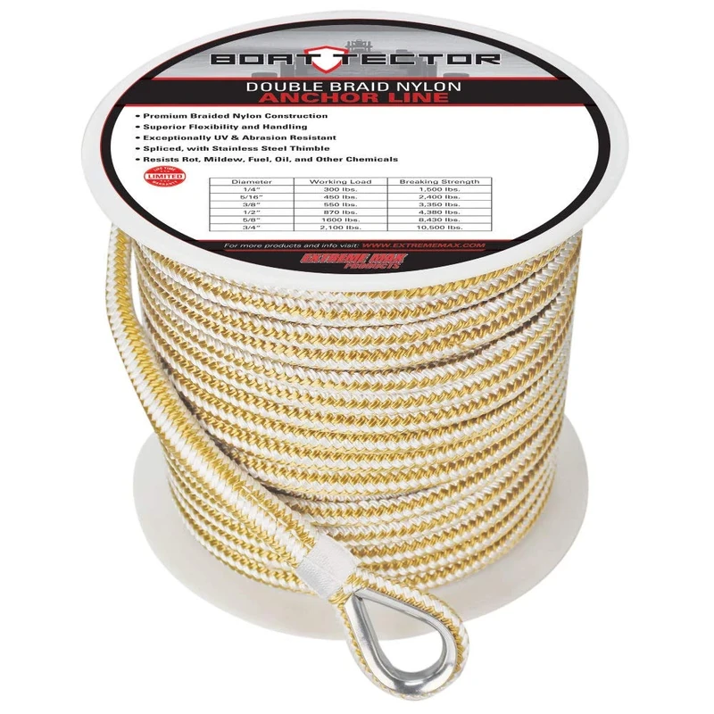 Extreme Max 3006.2261 BoatTector Double Braid Nylon Anchor Line with Thimble - 1/2" x 200', White & Gold