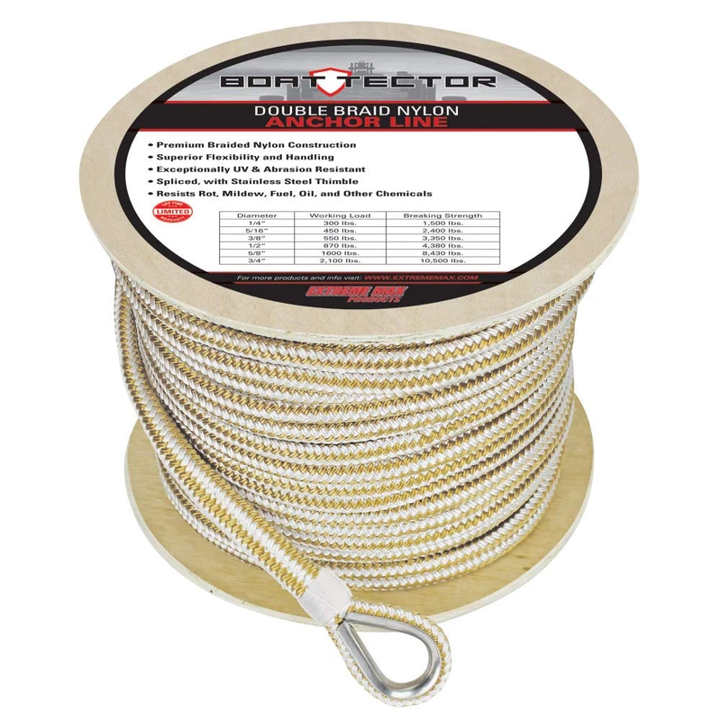 Extreme Max 3006.2264 BoatTector Double Braid Nylon Anchor Line with Thimble - 1/2" x 250', White & Gold