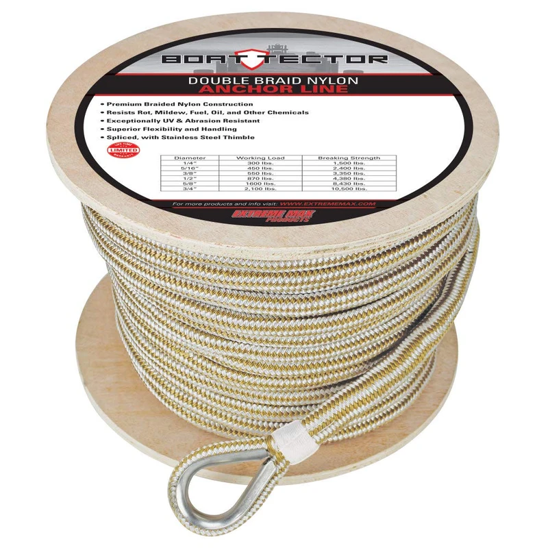 Extreme Max 3006.2273 BoatTector Double Braid Nylon Anchor Line with Thimble - 5/8" x 200', White & Gold