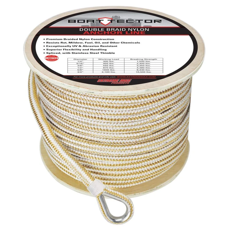 Extreme Max 3006.2267 BoatTector Double Braid Nylon Anchor Line with Thimble - 1/2" x 300', White & Gold