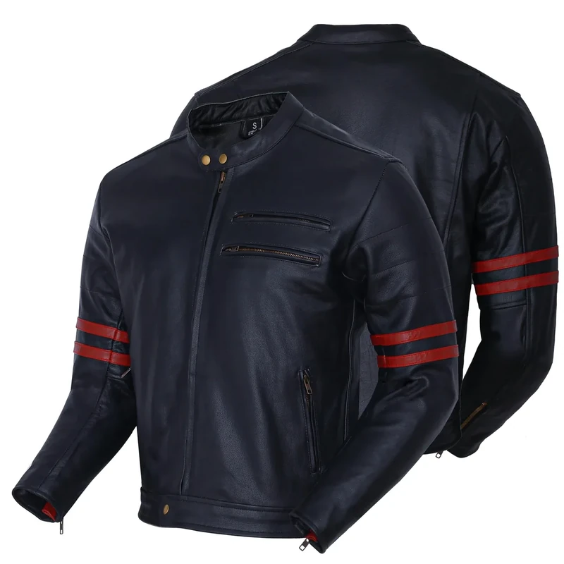 Bikers Gear The Rocker Motorcycle Black Leather Cafe Racer Jacket CE1621-1 PU Armour, OxBlood UK 48 EU 58 4XL