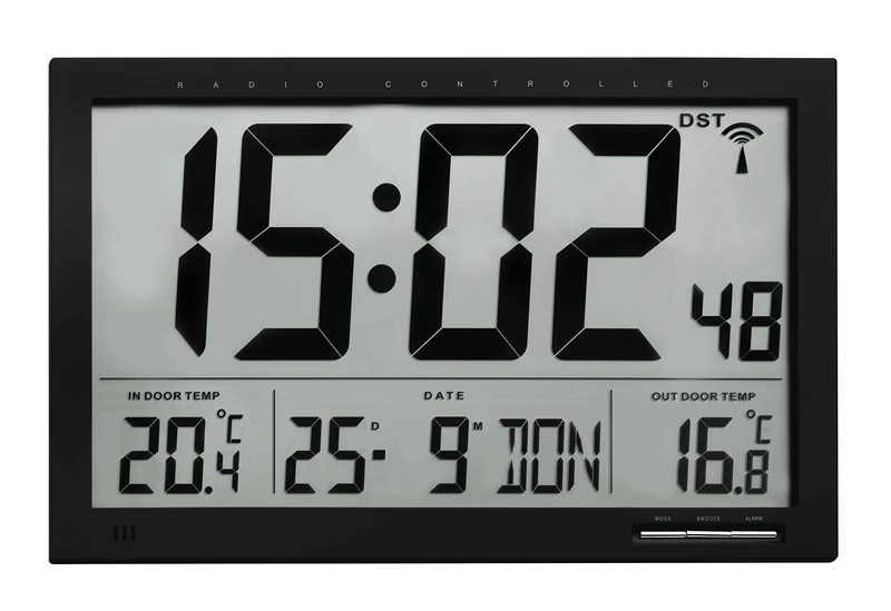 TFA Dostmann 60.4510.01 Digital XL Radio-Controlled Clock with Outdoor and Indoor Temperature Wall Clock Easy to Read Black 60.4510 L 370 x W 29 (90) x H 230 mm