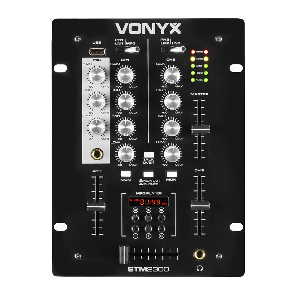 VONYX STM-2300 DJ Mixer - 2 Channel Mixer USB, MP3, 3-Band EQ for Live, Line DJ Mixing - Professional Audio Music Mixer for Disco, PA, and Party Events