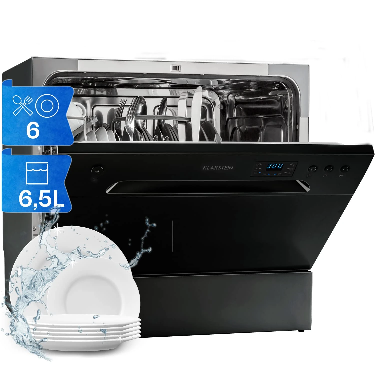 Klarstein Amazonia A+ Mini Dishwasher, 6 Modes (Mini, Black, Buttons, 6 Modes, 49Db, A)