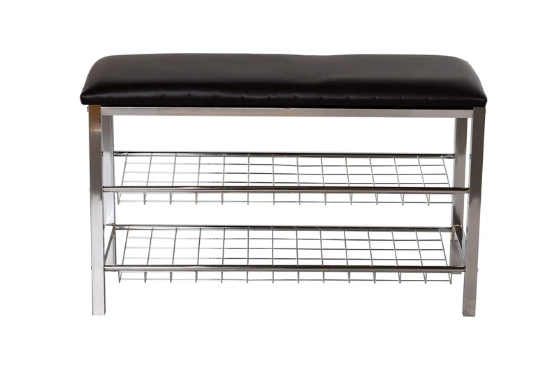 ASPECT 3-Tier Storage Bench Chromed Shoe Rack With Black Seat Cushion, Steel - Image 1
