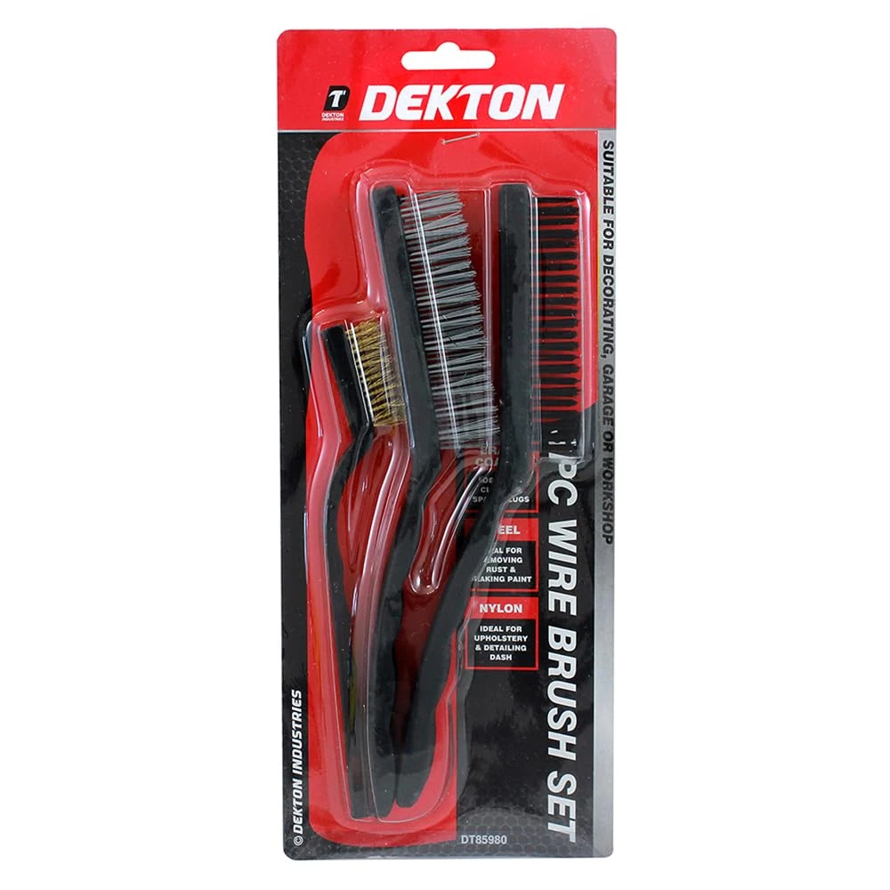 Dekton 3PC Wire Brush Set | Includes 2 Large Wire Brushes & 1 Small Detailing Brush | Brass Coated for Spark Plugs | Steel for Rust & Paint Removal | Nylon for Upholstery & Detailing | Versatile