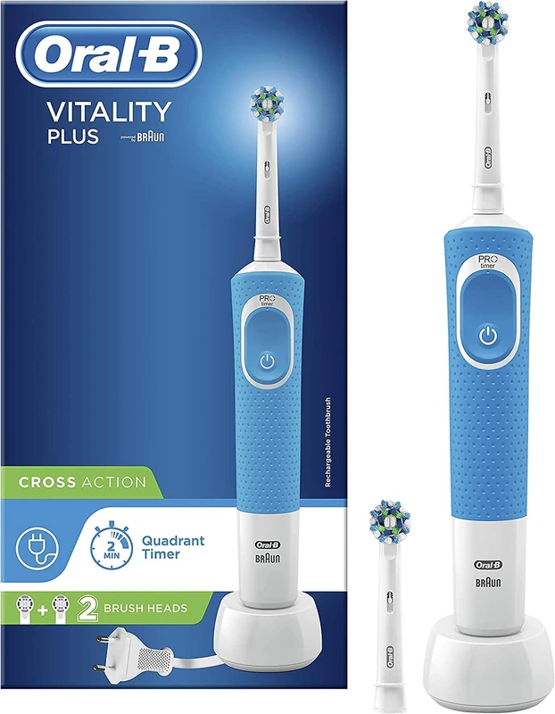 Oral-B Vitality Plus Electric Toothbrush, 1 Handle, 2 Cross Action Toothbrush Heads, 1 Mode with 2D Cleaning, 2 Pin UK Plug, Blue & White