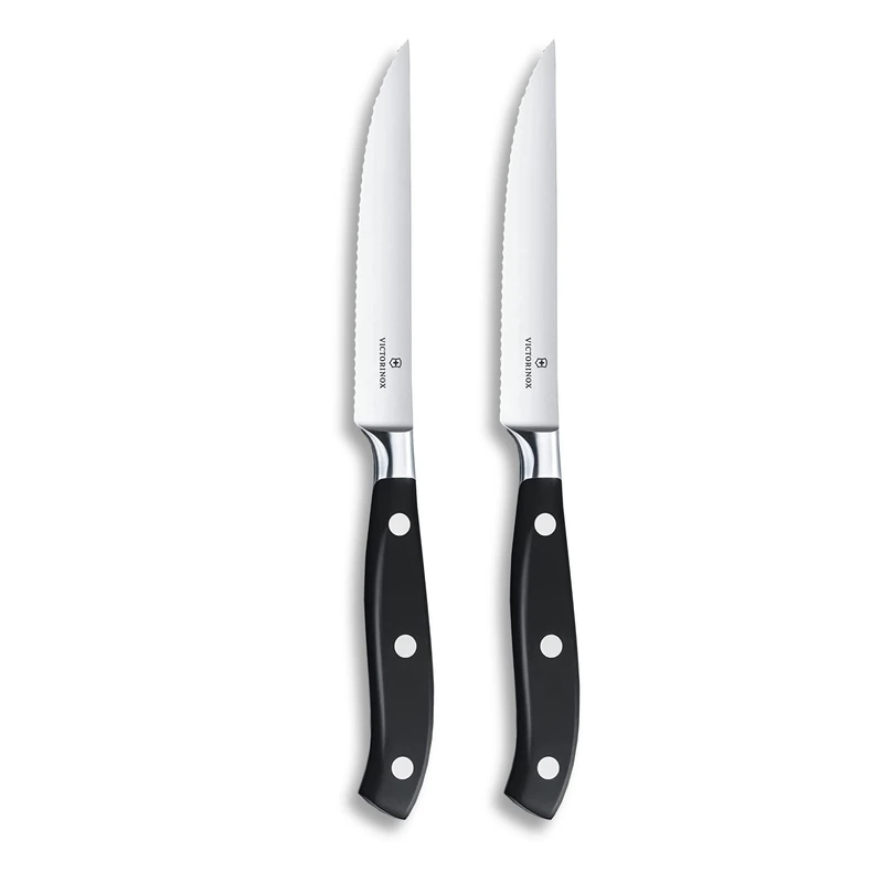 Victorinox Grand Maître Steak Knife Set, 2 Pieces, Extra Sharp Blade, Wavy Edge, 12 cm, Stainless Steel, Black