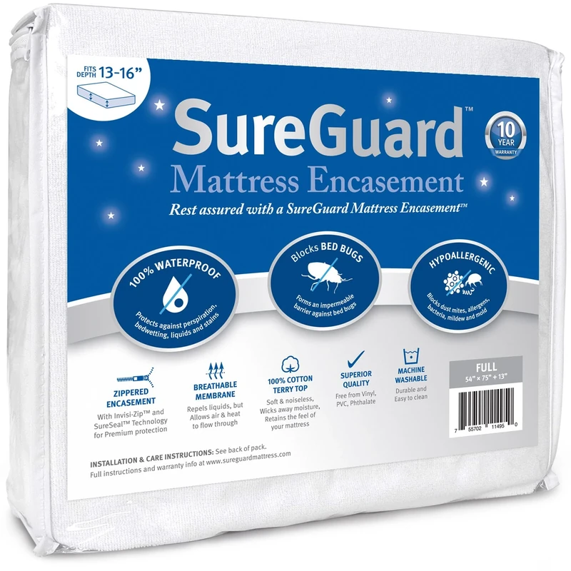Full (13-16 in. Deep) SureGuard Mattress Encasement - 100% Waterproof, Bed Bug Proof - Premium Zippered Six-Sided Cover