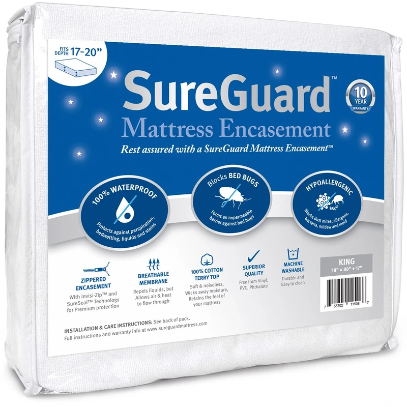 King (17-20 in. Deep) SureGuard Mattress Encasement - 100% Waterproof, Bed Bug Proof - Premium Zippered Six-Sided Cover