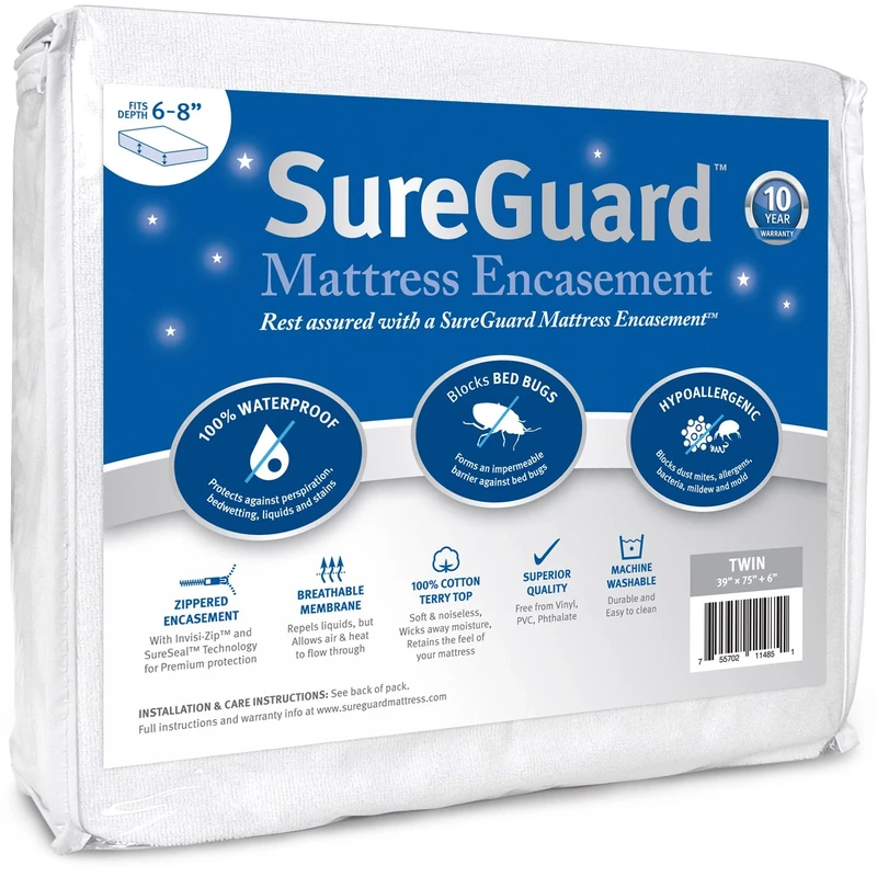Twin (6-8 in. Deep) SureGuard Mattress Encasement - 100% Waterproof, Bed Bug Proof - Premium Zippered Six-Sided Cover
