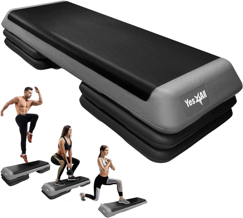 Yes4All KC6V Adjustable Aerobic Step Platform with 4 Risers - Step Board Exercise Equipment Black/Gray,XL