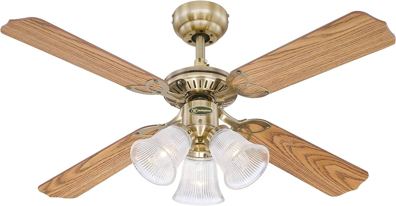 Westinghouse Ceiling Fans "Princess Trio" Ancient Brass Finish Celing Fan with Frosted Glass,Oak / Mahogany,105x43cm