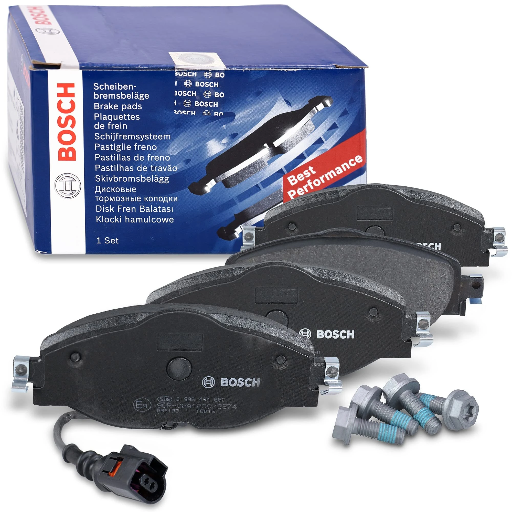 Bosch BP1505 - Brake Pads Car Front Axle - Bosch Quality - Reduced Noise and Dust - ECE-R90 Certified - Copper-Free - 1 Set of 4 Pads - With Accessories