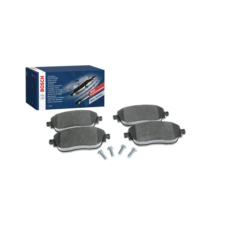 Bosch BP1507 - Brake Pads Car Front Axle - Bosch Quality - Reduced Noise and Dust - ECE-R90 Certified - Copper-Free - 1 Set of 4 Pads - With Accessories