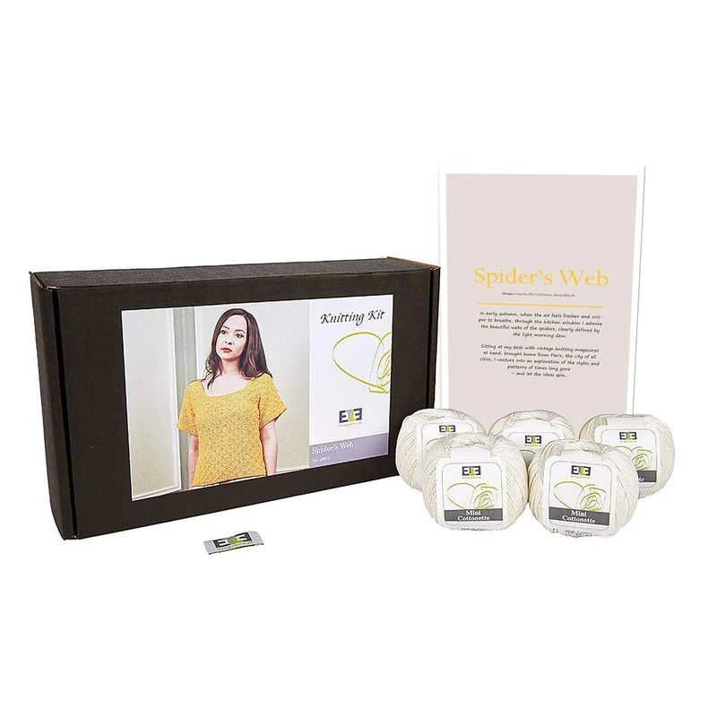 DesignEtte Spider’s Web Women’s Knitting Kit 100 Percent Egyptian Cotton Wool Yarn Bowls and Pattern Beginners Starter Pack Box 50g≈127m/5ply
