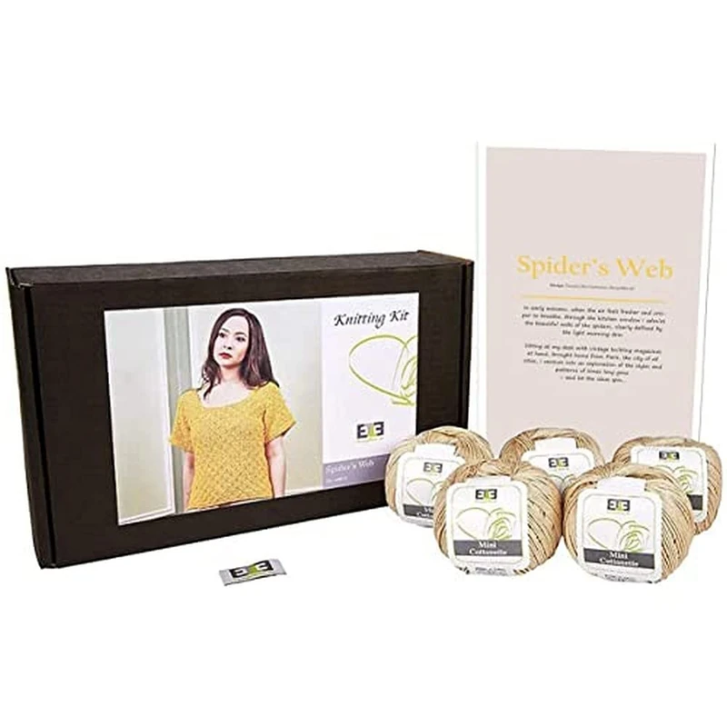 DesignEtte Spider’s Web Women’s Knitting Kit 100 Percent Egyptian Cotton Wool Yarn Bowls and Pattern Beginners Starter Pack Box 50g≈127m/5ply