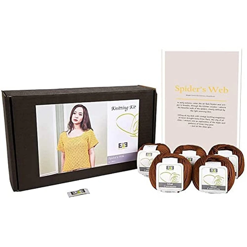 DesignEtte Spider’s Web Women’s Knitting Kit 100 Percent Egyptian Cotton Wool Yarn Bowls and Pattern Beginners Starter Pack Box 50g≈127m/5ply, Coffee Brown, 2XL