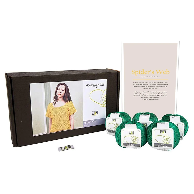 DesignEtte Spider’s Web Women’s Knitting Kit 100 Percent Egyptian Cotton Wool Yarn Bowls and Pattern Beginners Starter Pack Box 50g≈127m/5ply